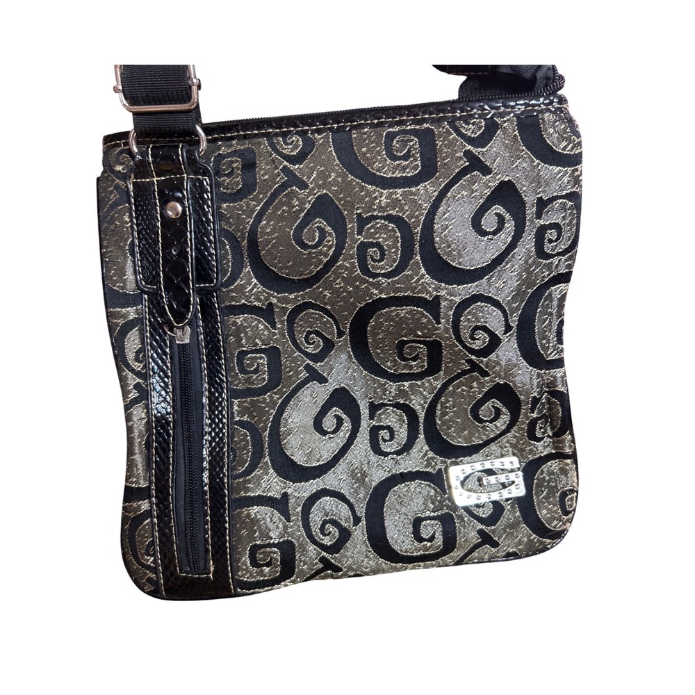 Guess Logo Jacquard‎ Crossbody Bag Black Gold Monogram Shoulder Strap
